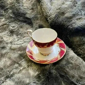 Red Paragon Tea  Cup And Saucer, Maroon red with flowers